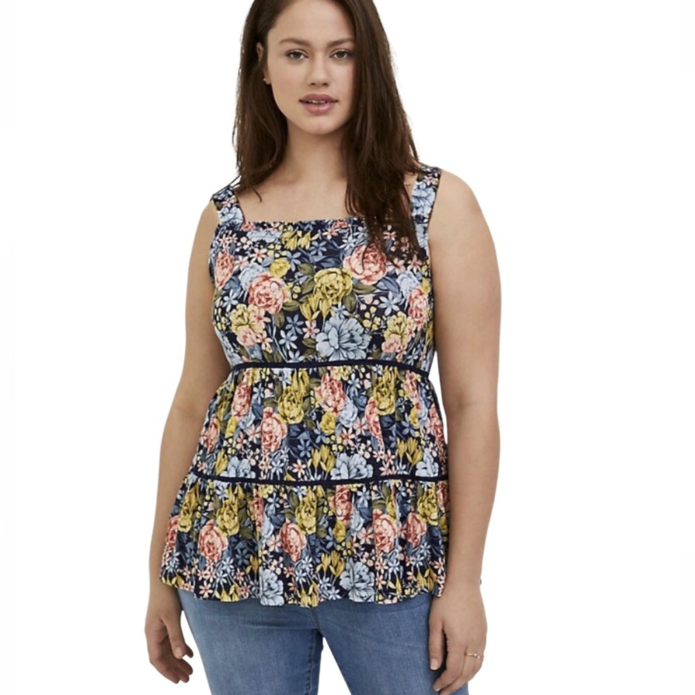 Torrid Babydoll Summer Top. Navy Blue Floral Super Soft Off Shoulder Size 1X NWT